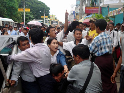 FREE and FAIR ELECTIONS?- Su Su Nway, labor activist was arrested on 13 November 2007 for putting up an anti-government banner near a hotel where UN Human Rights Envoy Paulo Pinheiro was staying at the time. She was sentenced to 12 years and six months, reduced to eight years and six months. (Photo: AAPP)