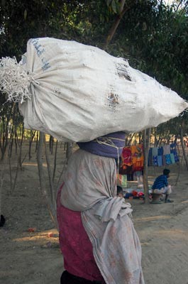 One refugee woman carrying leaves for cooking from outside the camp