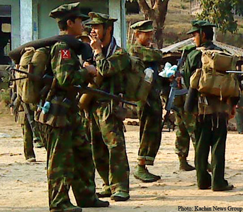 KIA soldiers in the frontline in eastern Kachin State, Northern Burma.