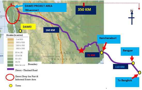 A planned Bangkok-Dawei motor in map