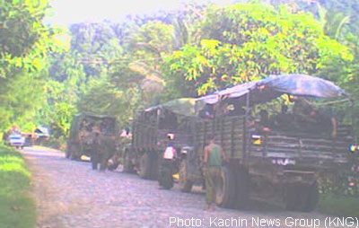 A convoy of Burmese troops on Myitkyina-Bhamo Road.