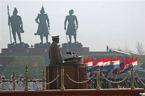 Junta chief Than Shwe reviews the troops in Naypyidaw, in 2008