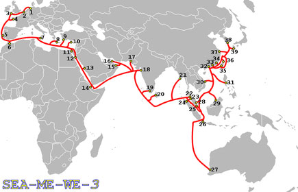 The route of the US$1.5 billion SEA-ME-WE-3 optic cable which is used by 34 countries.