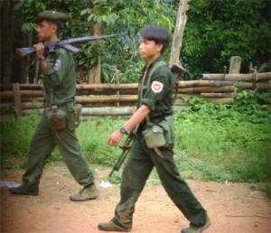 Burma army soldiers patrolling in the village (photo-FBR)