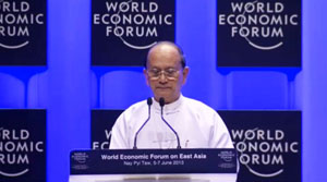  Myanmar President Thein Sein addresses delegates at the World Economic Forum currently being held in Naypyitaw, capital of Myanmar.