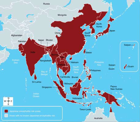 ဂျပန်ဦးနှောက်ရောင်ရောဂါ ဖြစ်ပွားမှုများသည့် ဒေသများပြမြေပုံ။