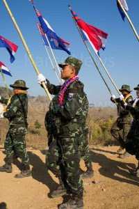 Soldiers from KNDO, DKBA and 'Peace Council' march during the 65th Anniversary of Karen Revolution Day (Henry Zwartz/Karen News)