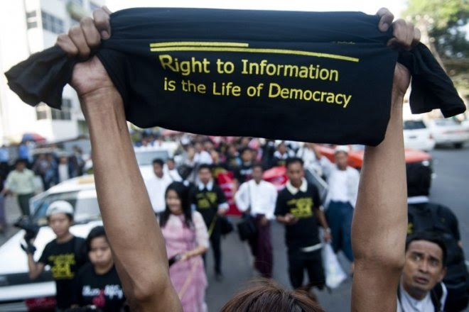 THUJournalists protest in support of greater media freedom at a demonstration in Yangon on January 7. Human Rights Watch says in its annual that a draft Printers and Publishers Act would significantly restrict media freedom if it becomes law. AFP PHOTO / YE AUNG THU