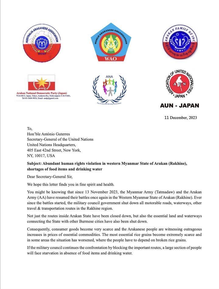 Rakhine International Organizations Urge UN Secretary General and