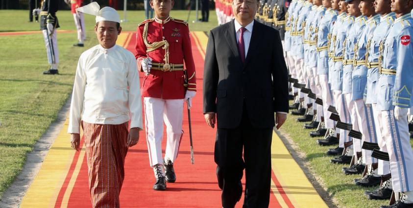 President Xi Jinping of China and his counterpart in Myanmar, Win Myint, during a welcome ceremony at the Presidential Palace in Naypyidaw, Myanmar, on Friday.Credit…Ann Wang/Reuters