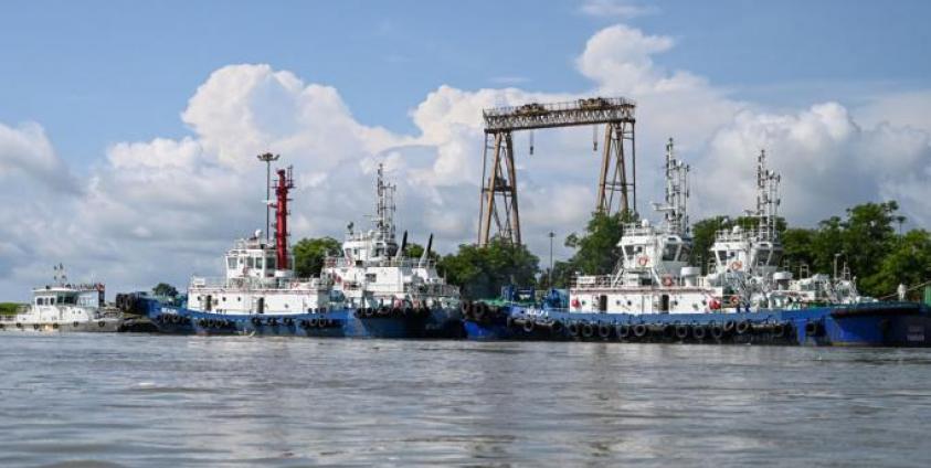 This photo taken from a boat on October 2, 2019 shows vessels docked at a port of a Chinese-owned oil refinery plant on Made Island off Kyaukphyu, Rakhine State. Photo: Ye Aung Thu/AFP