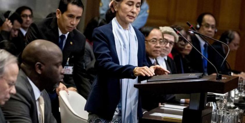 Abubacarr Tambadou (2-L front, seated), minister of justice of The Gambia, and Aung San Suu Kyi (C), Myanmar State Counselor, on the second day before the International Court of Justice (ICJ) in the Peace Palace, The Hague, The Netherlands, 11 December 2019. Photo: EPA