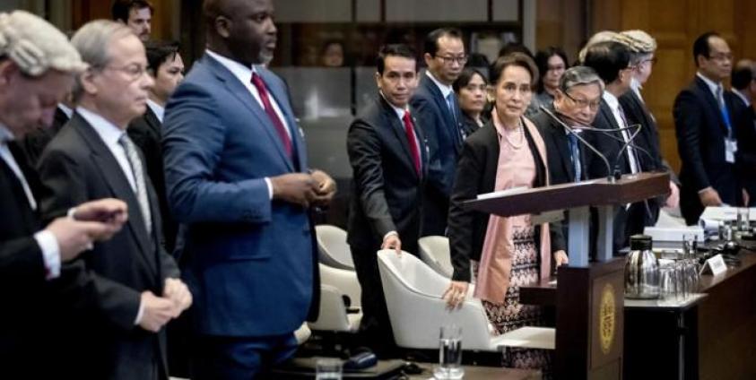 Myanmar State Counselor Aung San Suu Kyi (C-R) and Abubacarr Tambadou (3-L), minister of justice of The Gambia, appear before the International Court of Justice (ICJ) at the Peace Palace in The Hague, Netherlands, 10 December. Photo: EPA