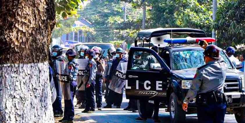 Police in Thandwe Township on February 16.