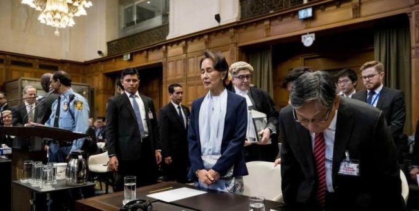 (File) Myanmar State Counselor Aung San Suu Kyi (C) arrives for the second day of hearing on the Rohingya genocide case before the International Court of Justice (ICJ) in the Peace Palace, The Hague, The Netherlands, 11 December 2019. Photo: EPA