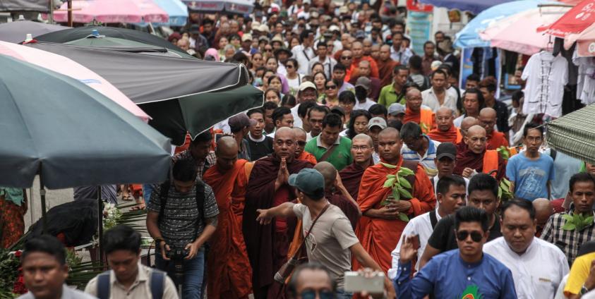 Supporters of Nationalist Buddhist monk Wirathu, gather near the Shwedagon pagoda in Yangon on 30 May 2019. Photo: Thura/Mizzima