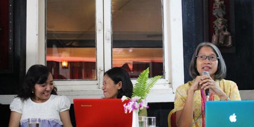 The three speakers at the September 23 report release.(From Left to Right) Khin Lay Director of Triangle Women Support Group, Mai Ja Director of Kachin Women's Association Thailand and Galuh Wandita Director of Asia Justice And Rights -  Photo: Jaiden Coonan.