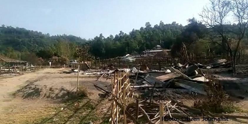 Photo by a citizen journalist shows villagers homes burned down in Hopang Village, Namkham Township.