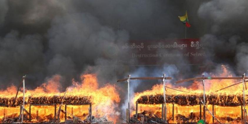 A pile of illegal drugs burn during a 'Destruction Ceremony of Seized Narcotic Drugs', held to mark the International Day against Drug Abuse, in Yangon on 26 June, 2019. Photo: Thet Ko/Mizzima