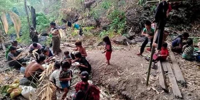 Displaced people from Mindat taking shelter in a forest in western Myanmar's Chin state, amid ongoing attacks by the military following clashes with the Chinland Defence Force (CDF) militia group. Photo: Chin World/AFP