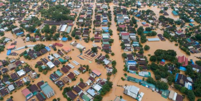 This aerial photo taken on August 11, 2019 shows floodwaters submerged areas of Ye township in Mon State. Photo: Sai Aung Main/AFP 