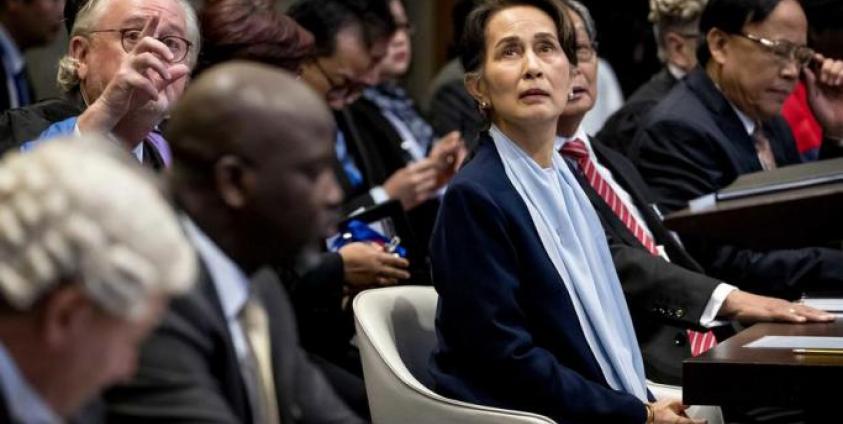 Abubacarr Tambadou (2-L front, seated), minister of justice of The Gambia, and Aung San Suu Kyi (C), Myanmar State Counselor, on the second day before the International Court of Justice (ICJ) in the Peace Palace, The Hague, The Netherlands, 11 December 2019. Photo: EPA