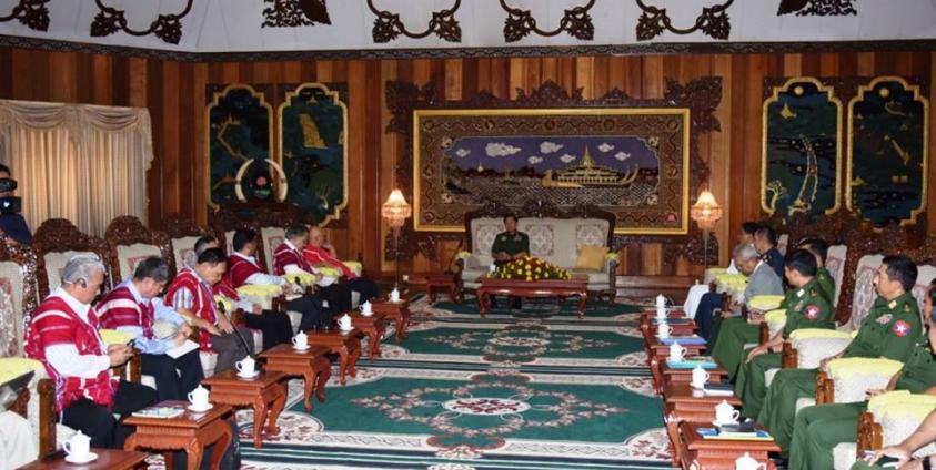 Commander-in-Chief Snr-Gen Min Aung Hlaing, among other Tatmadaw officers  meet KNU leaders in Yangon on May 17 (Photo: Office of Chief Defense ) 