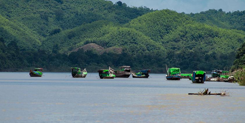 Motorboats in Mrauk-U Township, Arakan State.