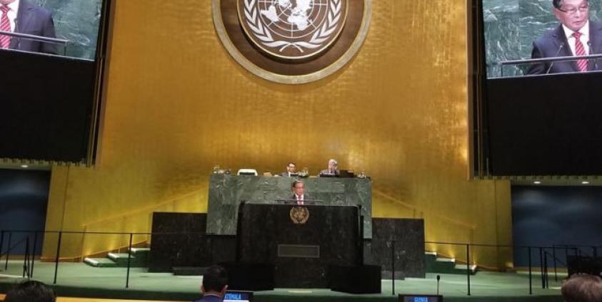 Union Minister U Kyaw Tint Swe delivers the statement at high-level General Debate of the74th Session of the United Nations General Assembly held on 28 September 2019 at the United Nations Headquarters. Photo: MNA