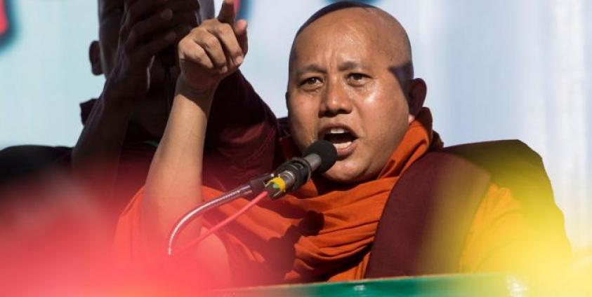 (FILES) In this file photo taken on October 14, 2018 Buddhist monk Wirathu speaks during a rally to show the support to the Myanmar military in Yangon. Photo: Ye Aung Thu/AFP