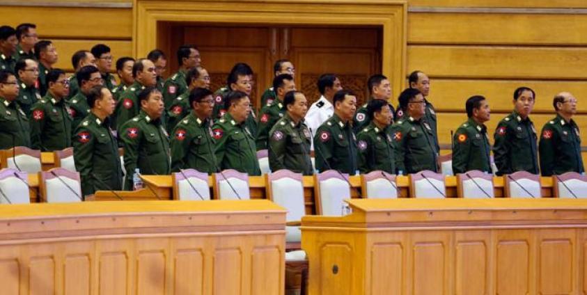 Military representatives attend a regular session of the Union Parliament in Naypyitaw, Myanmar, 05 February 2019. Photo: Hein Htet/EPA