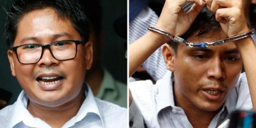 (FILE / COMPOSITE) - A composite image shows Reuters journalists Wa Lone (L) and Kyaw Soe Oo (R) outside the Insein township court in Yangon, Myanmar, 03 September 2018. Photo: Lynn Bo Bo/EPA