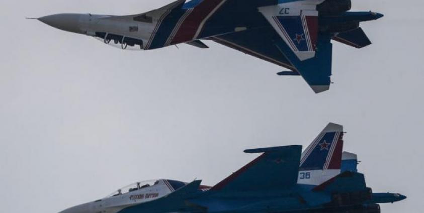 (File) 'The Russian Knights' an aerobatic demonstration team of the Russian Air Force, flying the Sukhoi Su-30SM fighter aircraft, perform during the Moscow International Aviation and Space Salon MAKS-2017 in the city of Zhukovsky, outside Moscow, 22 July 2017. Photo: Sergei Ilnitsky/EPA