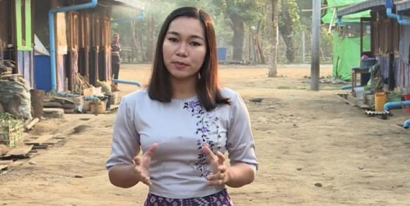 Htet Htet Khine is seen filming in an IDP camp in Kachin State. Photo BBC Media Action