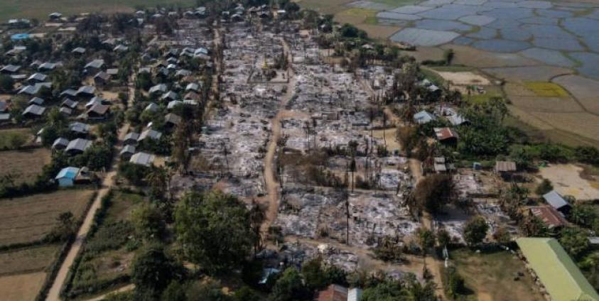 An aerial photo of burnt buildings from fires in Mingin Township, in Sagaing Division, where more than 105 buildings were destroyed by junta military troops, according to local media. Photo: AFP