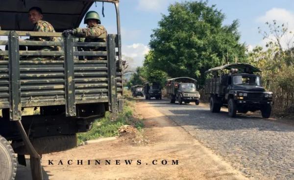 A Military Council convoy seen on the Myitkyina-Bhamo Road