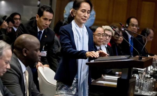 Abubacarr Tambadou (2-L front, seated), minister of justice of The Gambia, and Aung San Suu Kyi (C), Myanmar State Counselor, on the second day before the International Court of Justice (ICJ) in the Peace Palace, The Hague, The Netherlands, 11 December 2019. Photo: EPA