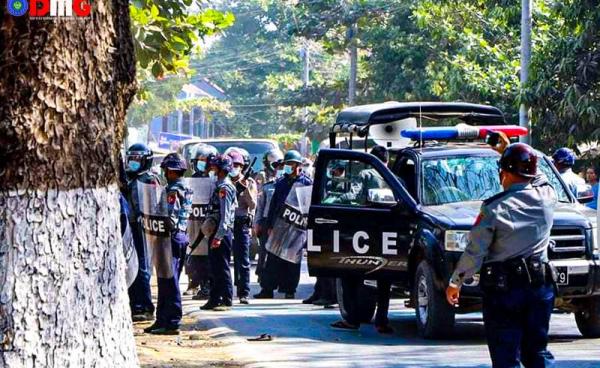 Police in Thandwe Township on February 16.