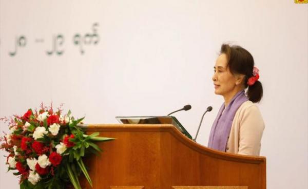 State Counsellor Daw Aung San Suu Kyi attends the Education Development Implementation Conference 2020 (Basic Education Sector) and delivers the opening speech in Nay Pyi Taw on January 28. Photo: Myanmar State Counsellor Office