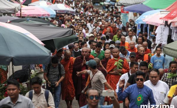 Supporters of Nationalist Buddhist monk Wirathu, gather near the Shwedagon pagoda in Yangon on 30 May 2019. Photo: Thura/Mizzima