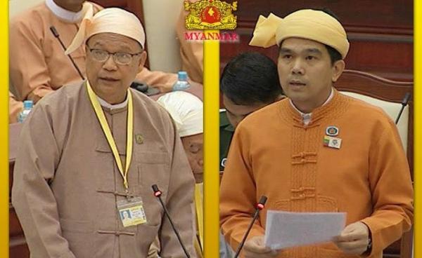 Photo Pyithu Hluttaw- (left) Minister of Transport and Telecommunications Htant Zin Maung and (right) Sai Seng Murng, an MP representing the Shan Nationalities League for Democracy in Mong Kung Township.