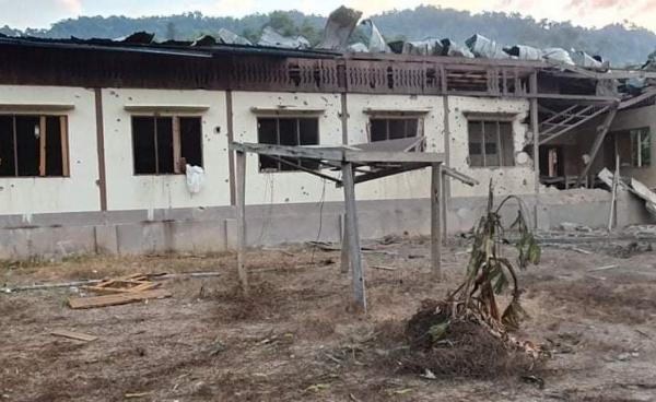 A clinic building damaged by Burma Army Airstrike. (Photo: KNU Mutraw)