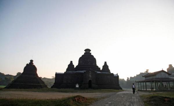 A maan walks along the road near ancient pagodas in Mrauk U, Rakhine State. Photo: Nyunt Win/EPA