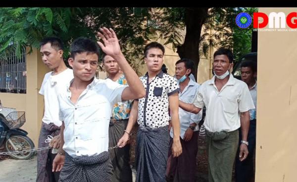 Photo shows the accused from Kyaukseik village in Ponnagyun Township, who were sued under the Counter-Terrorism Law.