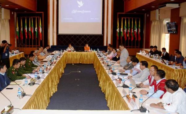 NCA Implementation Framework Coordinating Leader Sao Sai Nguen addresses the coordination meeting in Yangon yesterday. Photo: MNA