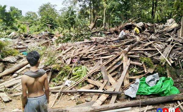 Demolished homes in Jaithar Village and the scene of a beach near the village.