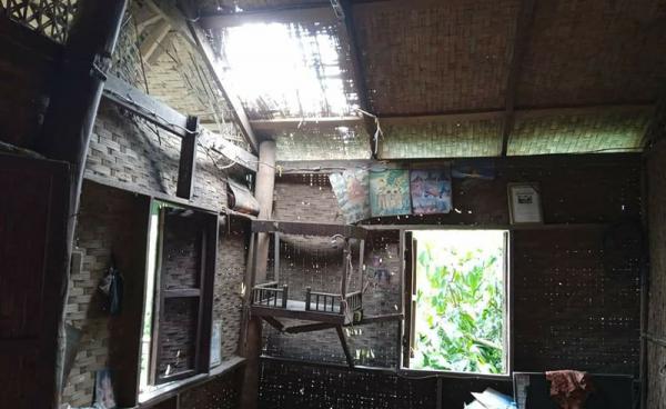 A home in Kyauktaw’s Shanywa Ward was damaged by Saturday’s shelling. (Photo: Kyaw Hla Myint)