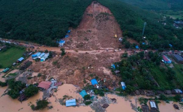 A landslide in Thalphyugone village in Paung township, Mon state on August 9, 2019. Photo: Sai Aung Main/AFP