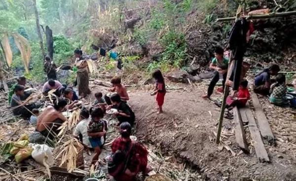 Displaced people from Mindat taking shelter in a forest in western Myanmar's Chin state, amid ongoing attacks by the military following clashes with the Chinland Defence Force (CDF) militia group. Photo: Chin World/AFP