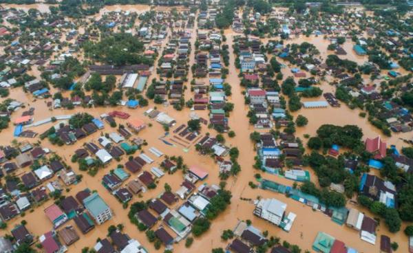 This aerial photo taken on August 11, 2019 shows floodwaters submerged areas of Ye township in Mon State. Photo: Sai Aung Main/AFP 